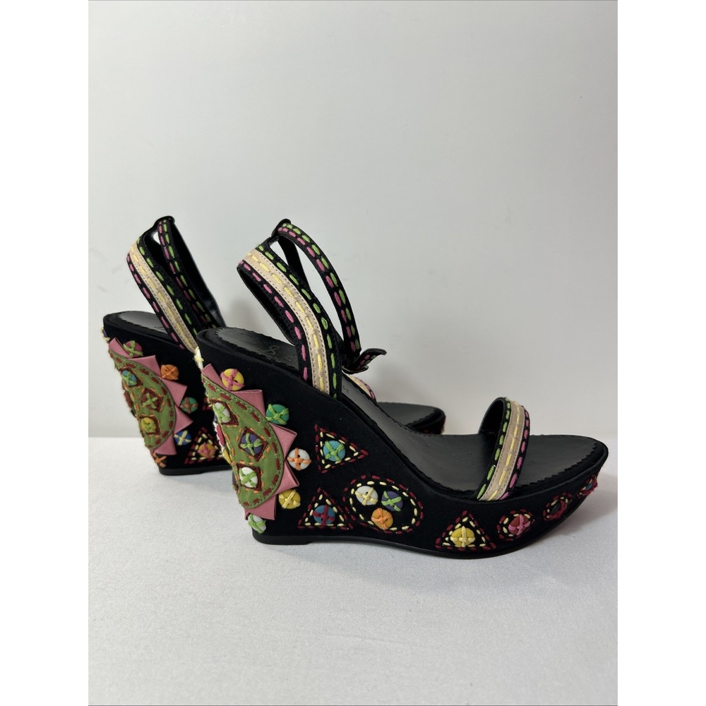 Sam Edelman Black Wedge Sandal Boho Buttons Embroidered Coraline Size 6 Colorful